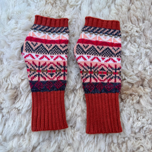 Alpaca Blend Fair Isle Fingerless Gloves- Terracota