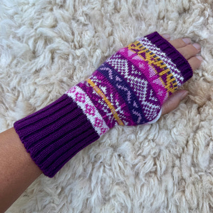 Alpaca Blend Fair Isle Fingerless Gloves- Purple