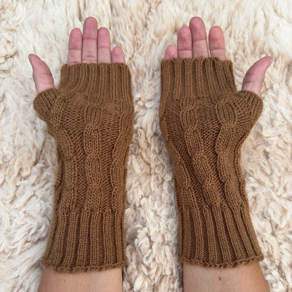 Brown Alpaca Blend Cable Knit Fingerless Gloves
