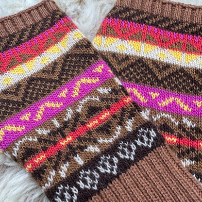 Alpaca Blend Fair Isle Fingerless Gloves- Chocolate