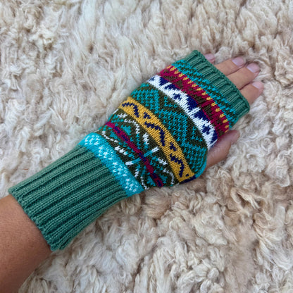 Alpaca Blend Fair Isle Fingerless Gloves- Sage Green