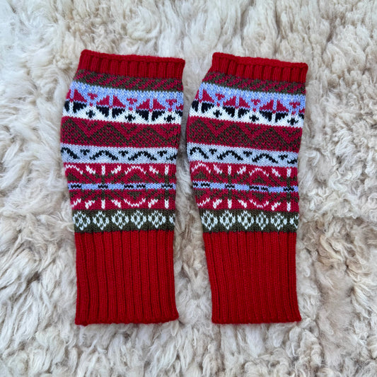 Alpaca Blend Fair Isle Fingerless Gloves- Red