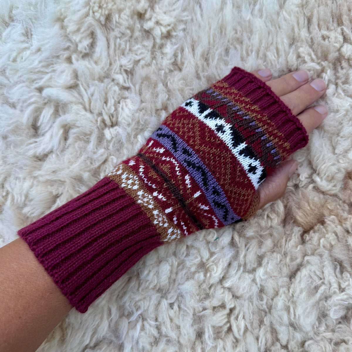 Alpaca Blend Fair Isle Fingerless Gloves- Burgundy