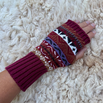 Alpaca Blend Fair Isle Fingerless Gloves- Burgundy