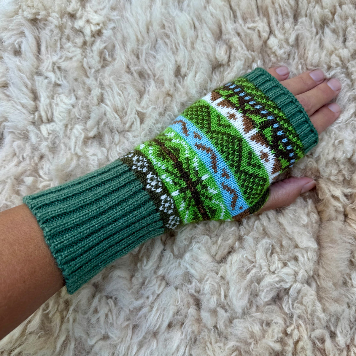Alpaca Blend Fair Isle Fingerless Gloves- Green