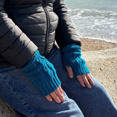 Teal Cable Knit Alpaca Fingerless Gloves