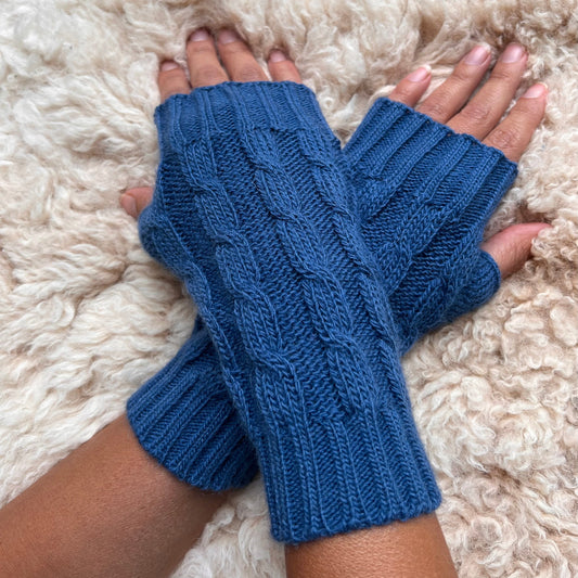 Blue Alpaca Blend Cable Knit Fingerless Gloves