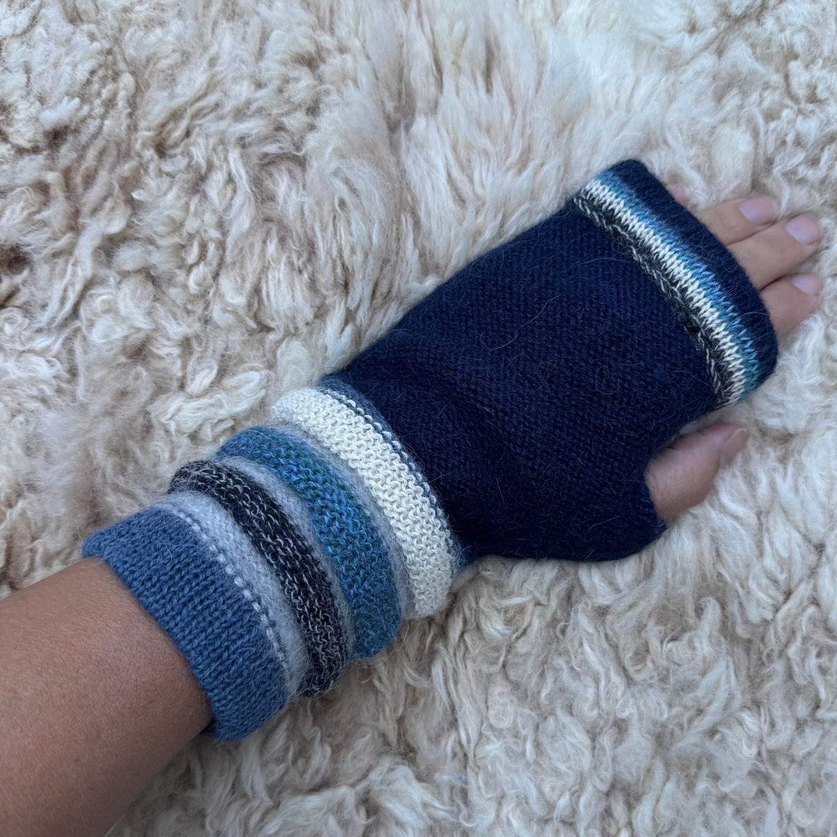 Navy Blue Baby Alpaca Fingerless Gloves | Striped Wrist Warmers