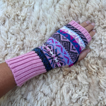 Alpaca Blend Fair Isle Fingerless Gloves- Pink