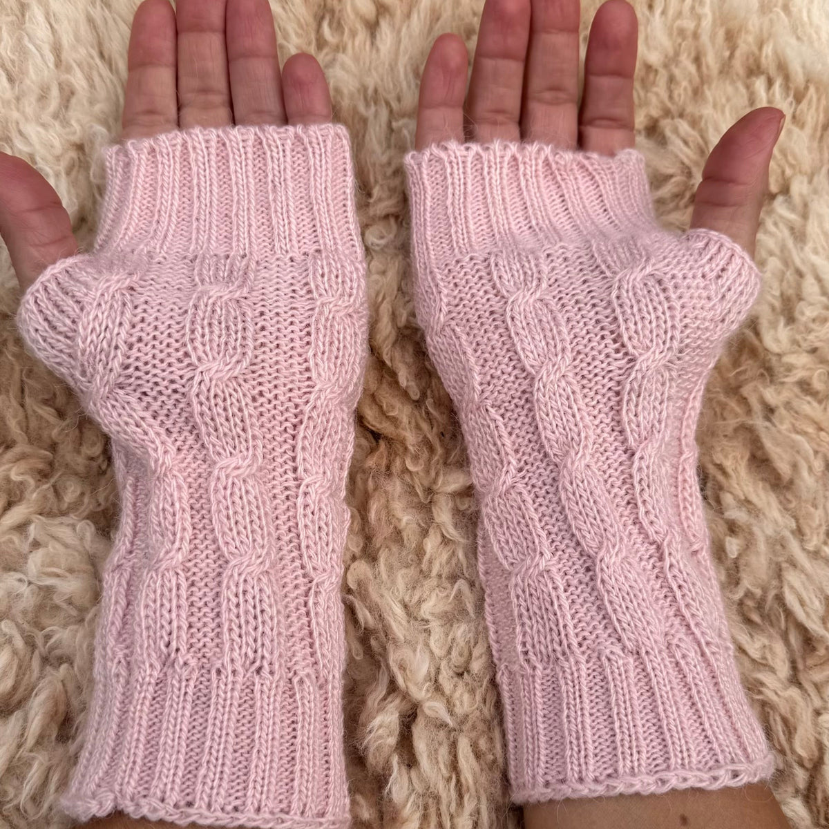 Pink Alpaca Blend Cable Knit Fingerless Gloves