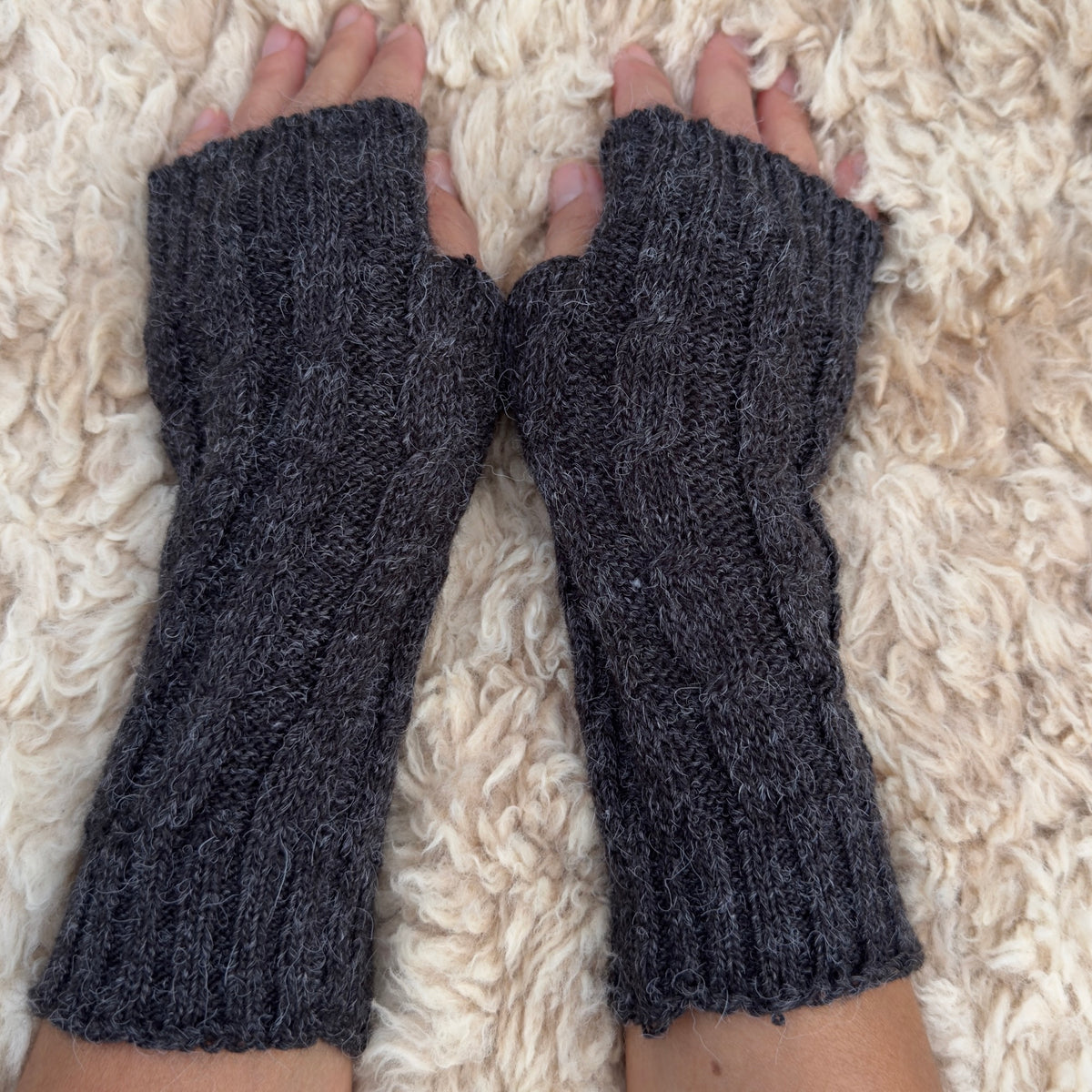 Dark Grey Alpaca Blend Cable Knit Fingerless Gloves