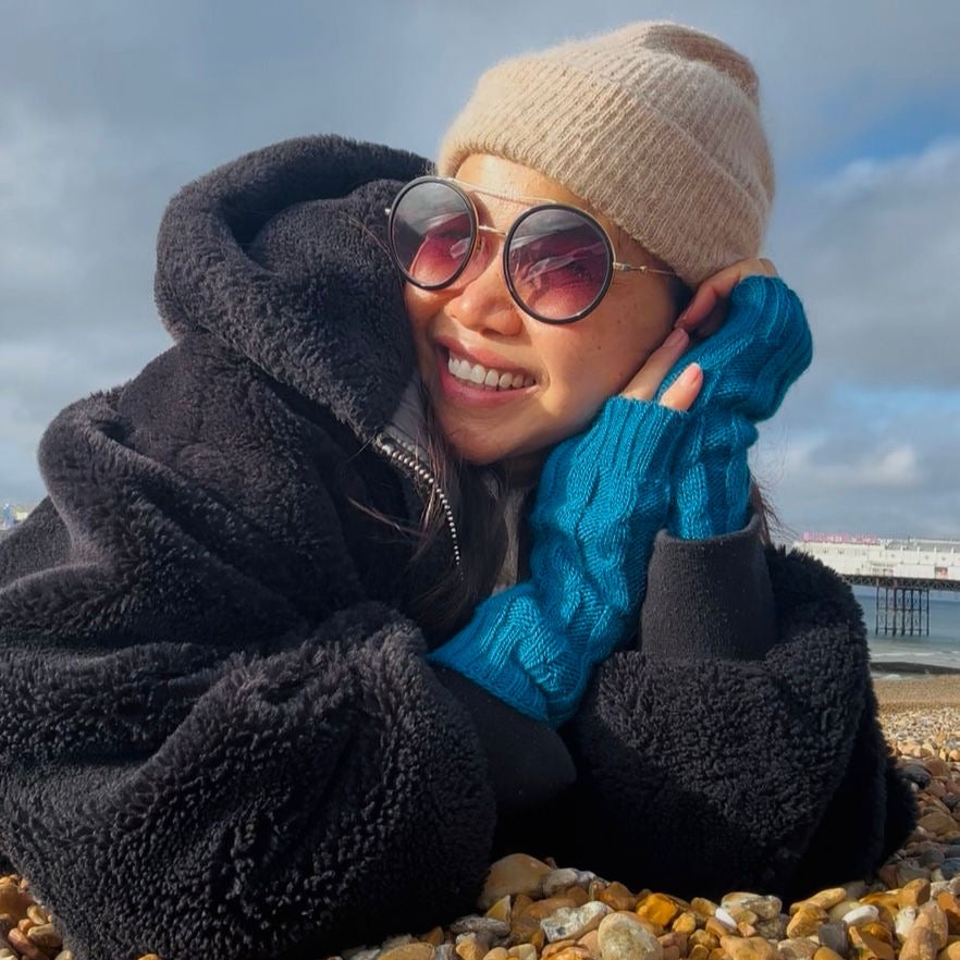 Teal Alpaca Blend Cable Knit Fingerless Gloves