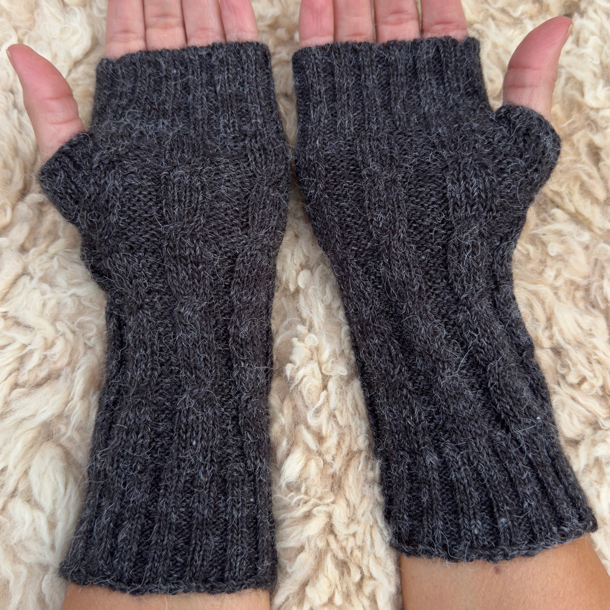 Dark Grey Alpaca Blend Cable Knit Fingerless Gloves