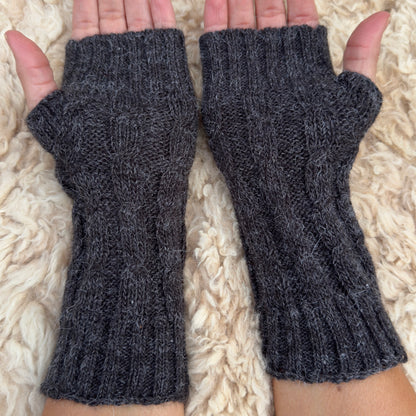 Dark Grey Alpaca Blend Cable Knit Fingerless Gloves
