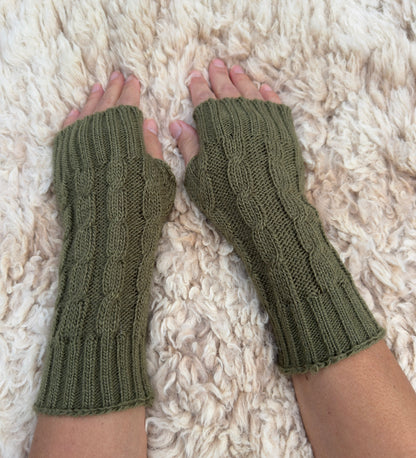 Military Green Alpaca Blend Cable Knit Fingerless Gloves