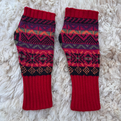 Alpaca Blend Fair Isle Fingerless Gloves - Red