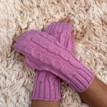 Rose Pink Alpaca Blend Cable Knit Fingerless Gloves