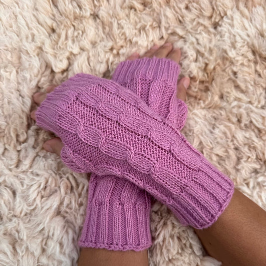 Rose Pink Alpaca Blend Cable Knit Fingerless Gloves