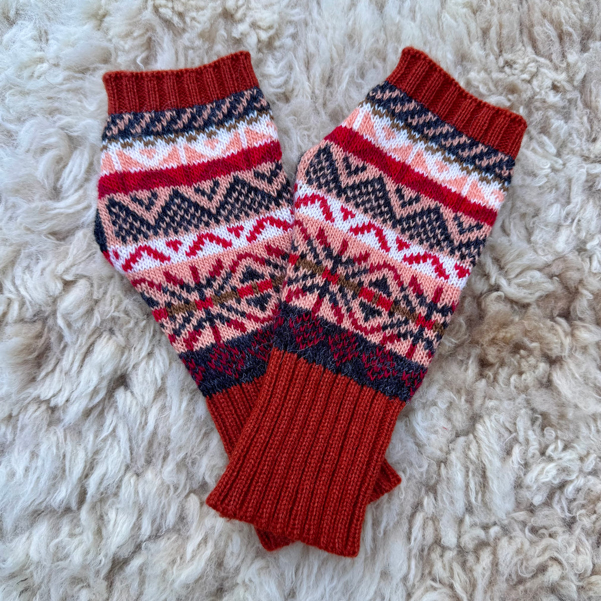 Alpaca Blend Fair Isle Fingerless Gloves- Terracota