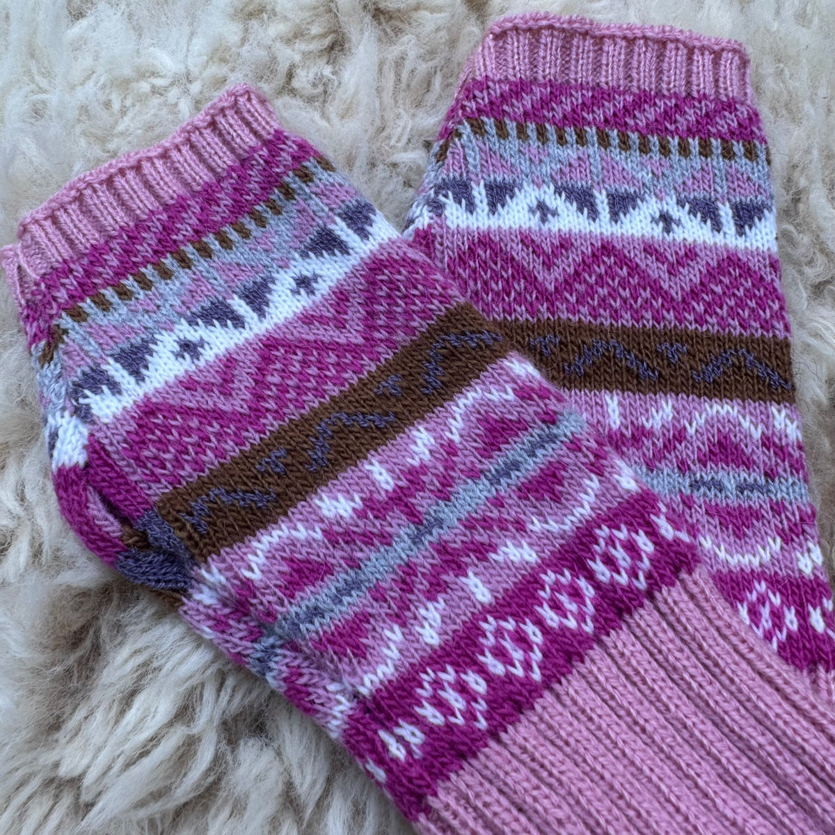 Alpaca Blend Fair Isle Fingerless Gloves - Pink