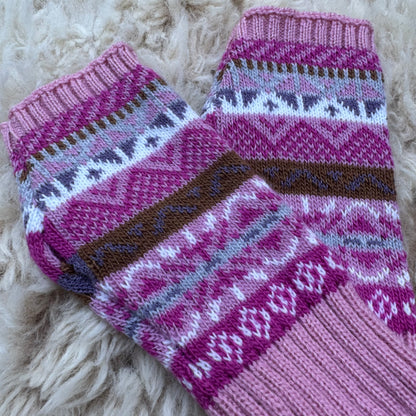 Alpaca Blend Fair Isle Fingerless Gloves - Pink