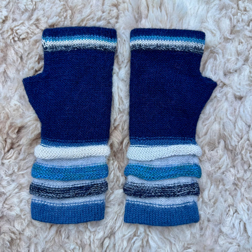 Navy & Sky Blue Striped Cuff Baby Alpaca Fingerless Gloves