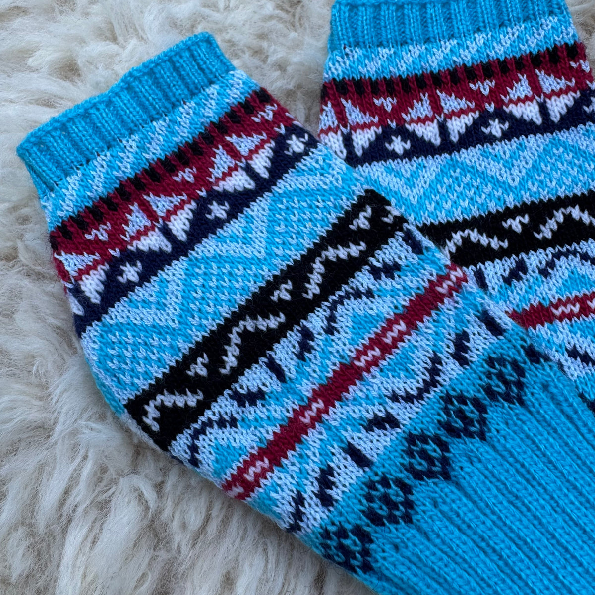 Alpaca Blend Fair Isle Fingerless Gloves- Turquoise