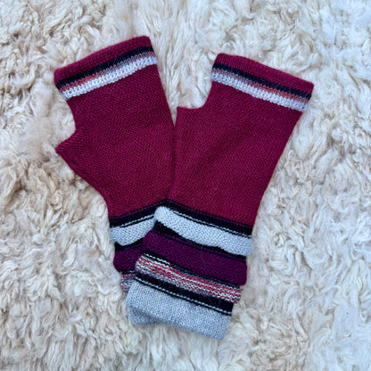 Burgundy Baby Alpaca Fingerless Gloves | Plum Striped Wrist Warmers