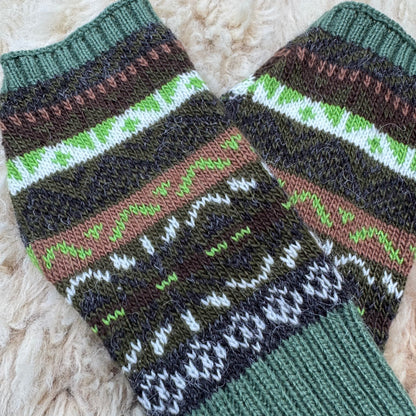 Alpaca Blend Fair Isle Fingerless Gloves-Olive Green