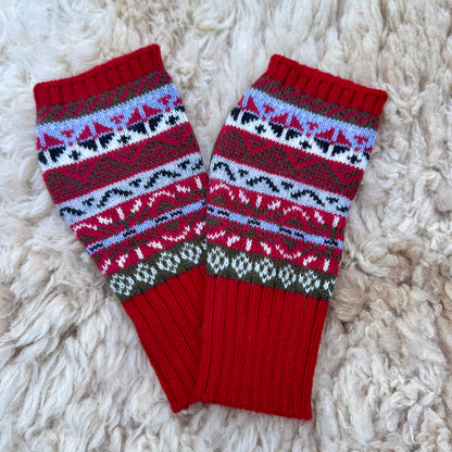 Alpaca Blend Fair Isle Fingerless Gloves- Red