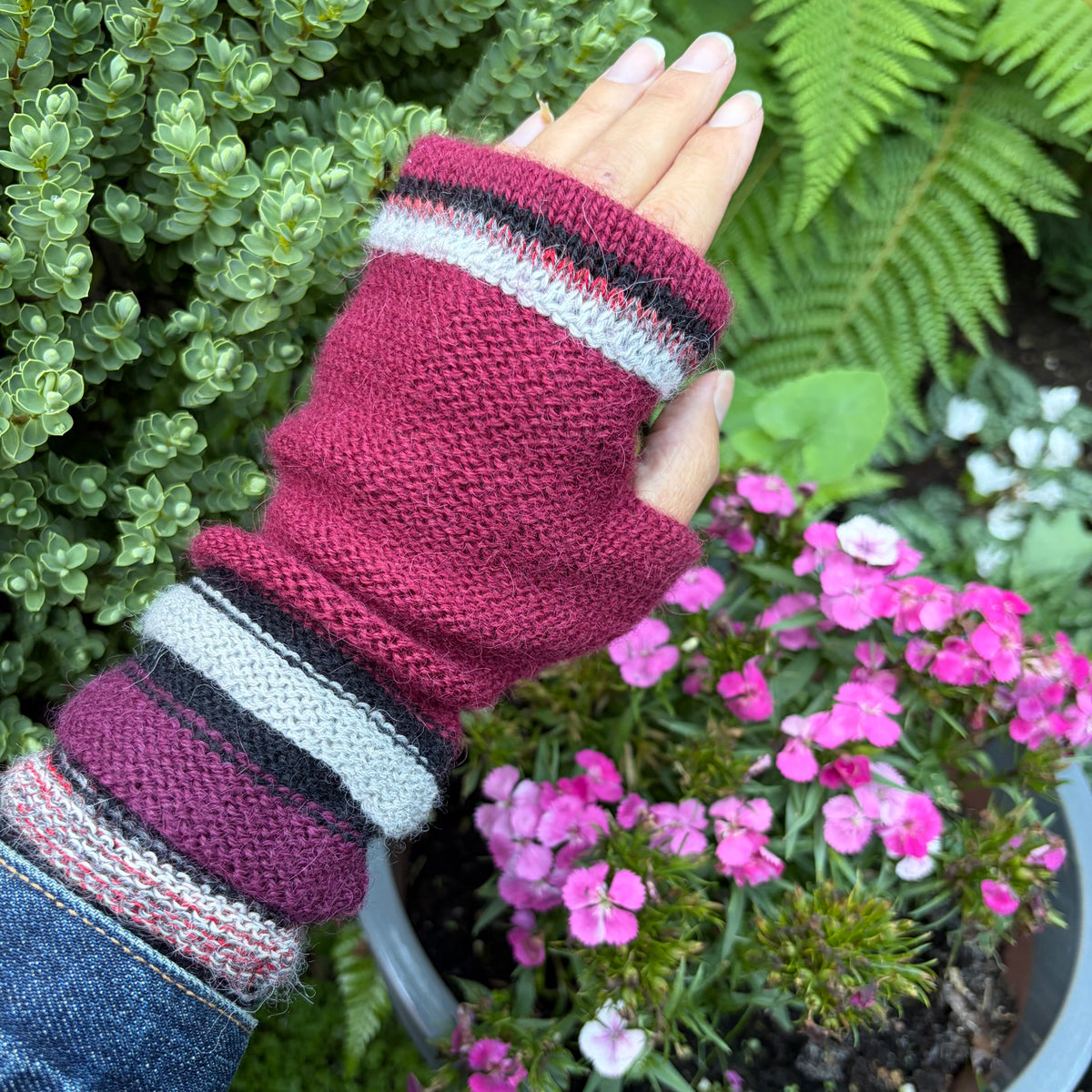 Burgundy Baby Alpaca Fingerless Gloves | Plum Striped Wrist Warmers