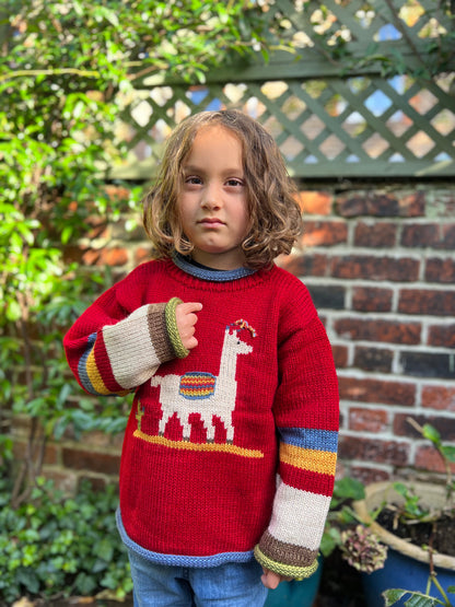 Toddler llama knit jumper, red llama pullover made from alpaca wool, Llama sweater, Llama gilrl boy clothing