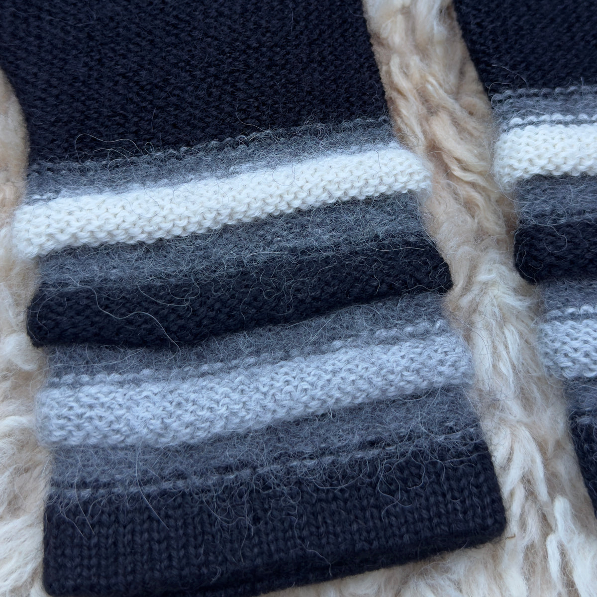 Black Baby Alpaca Fingerless Gloves | Striped Wrist Warmers