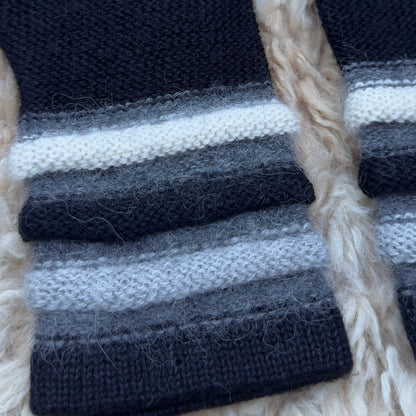 Black Baby Alpaca Fingerless Gloves | Striped Wrist Warmers