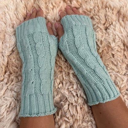 Aquamarine Alpaca Blend Cable Knit Fingerless Gloves