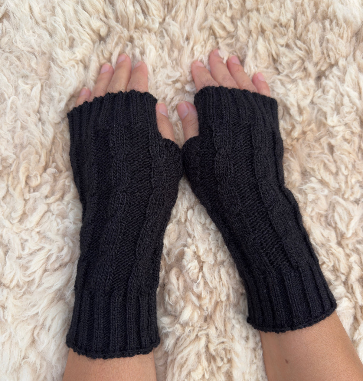 Black Alpaca Blend Cable Knit Fingerless Gloves