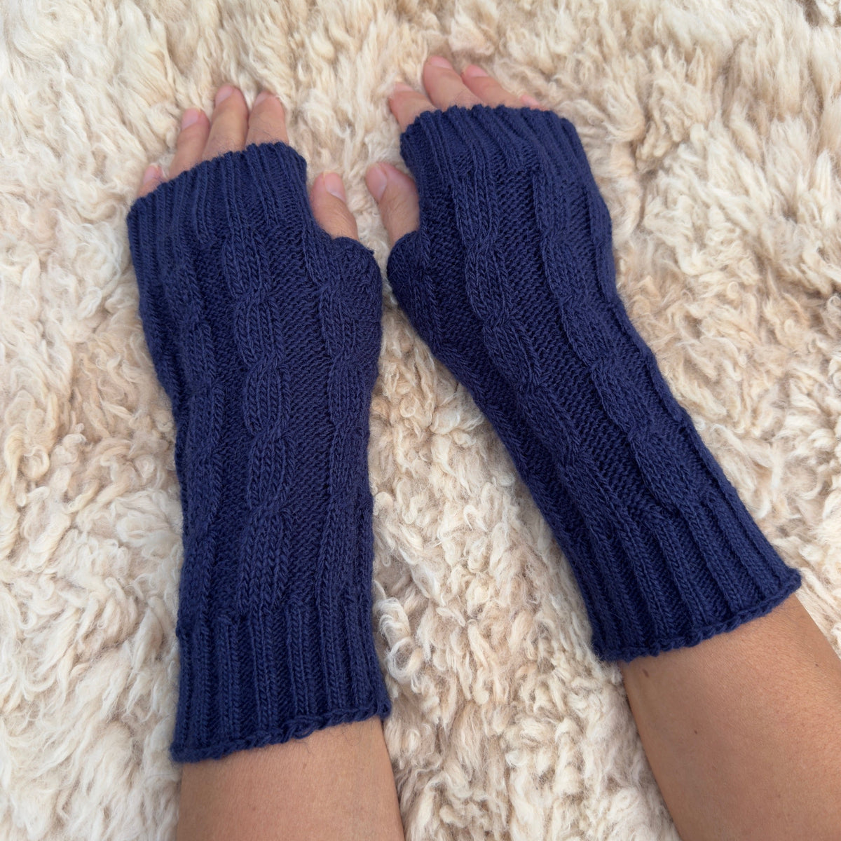 Navy Alpaca Blend Cable Knit Fingerless Gloves