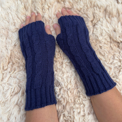 Navy Alpaca Blend Cable Knit Fingerless Gloves