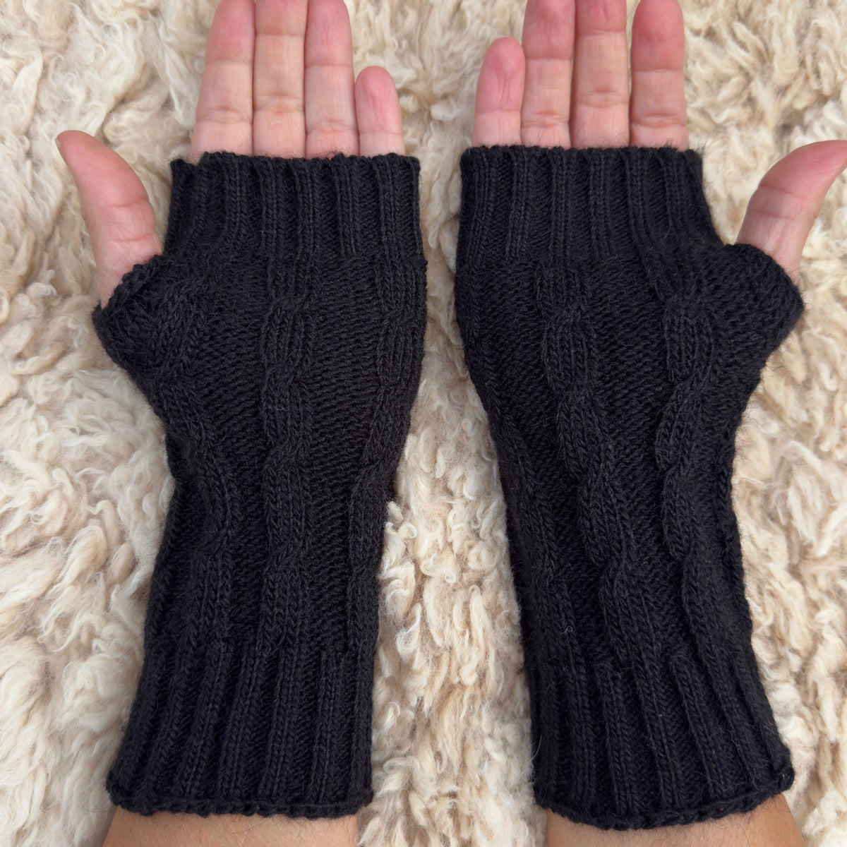 Black Alpaca Blend Cable Knit Fingerless Gloves
