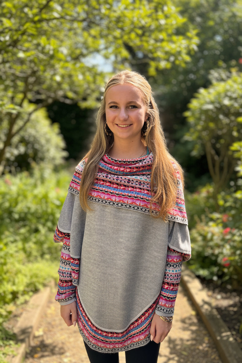 Grey and Pink Alpaca Poncho