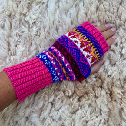 Alpaca Blend Fair Isle Fingerless Gloves- Pink