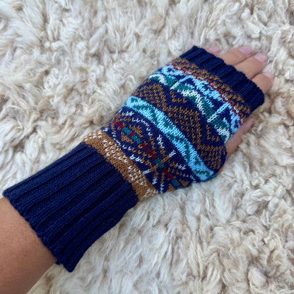 Alpaca Blend Fair Isle Fingerless Gloves- Blue