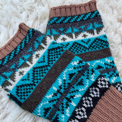 Alpaca Blend Fair Isle Fingerless Gloves- Brown