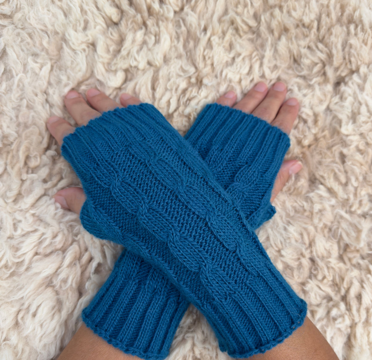 Teal Alpaca Blend Cable Knit Fingerless Gloves