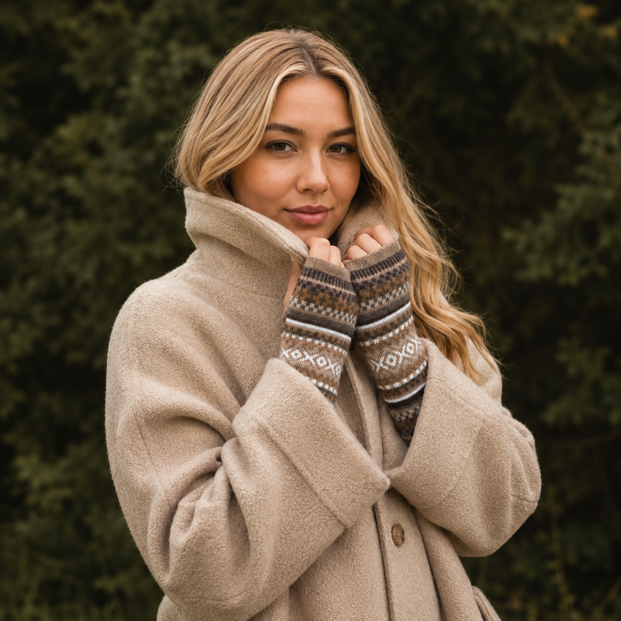 Orange Pink Alpaca Fingerless Gloves - Fair Isle Style