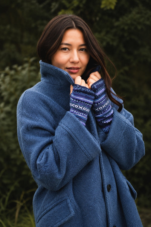 Blue Alpaca Fingerless Gloves - Fair Isle Style