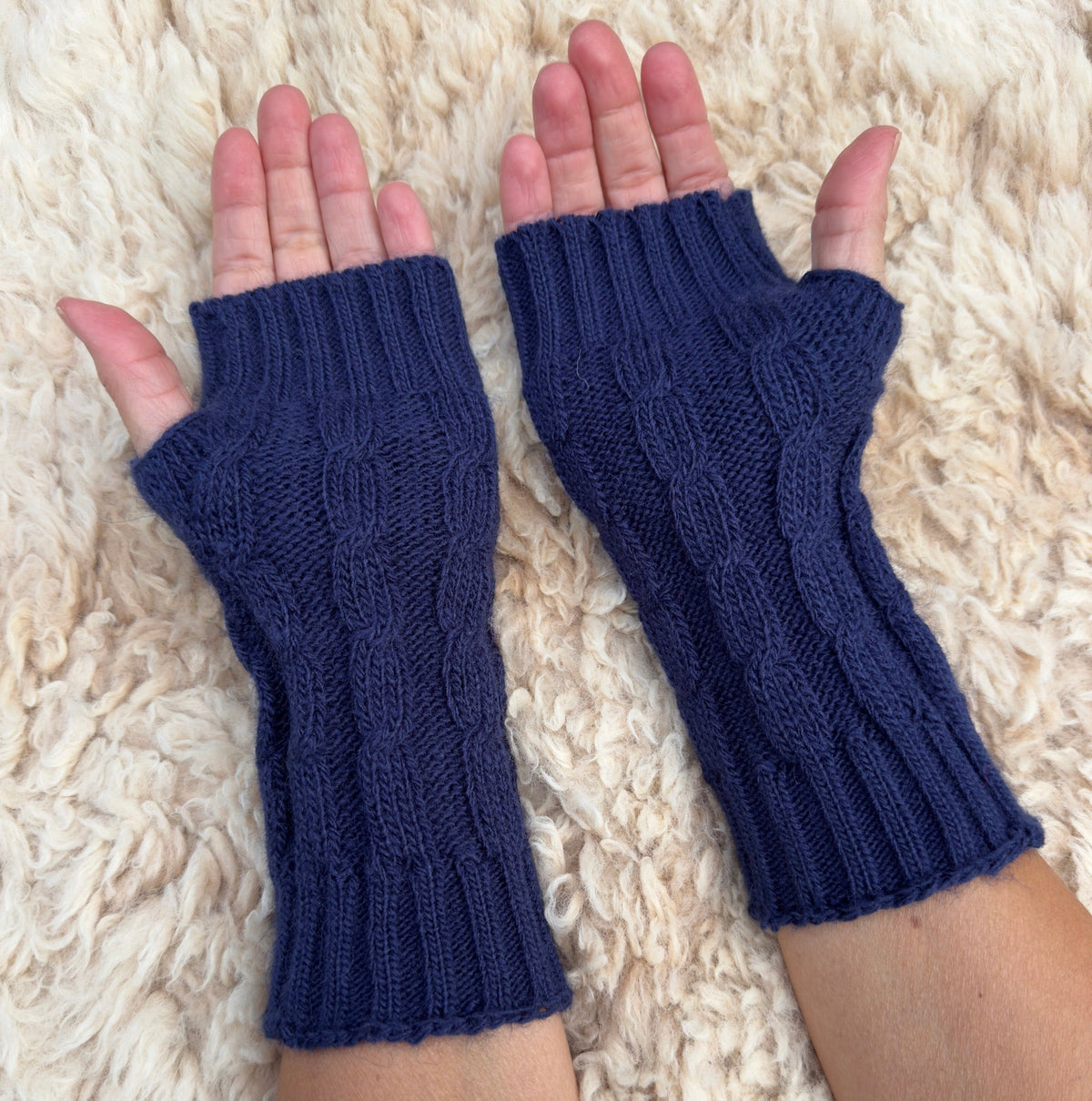 Navy Alpaca Blend Cable Knit Fingerless Gloves