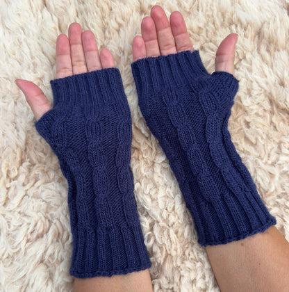 Navy Alpaca Blend Cable Knit Fingerless Gloves