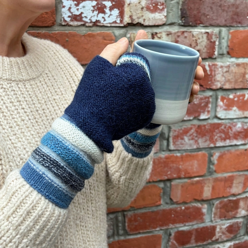 Navy Blue Baby Alpaca Fingerless Gloves | Striped Wrist Warmers