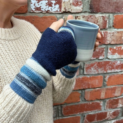 Navy Blue Baby Alpaca Fingerless Gloves | Striped Wrist Warmers